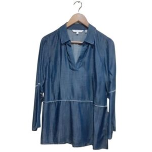 Foxcroft Women's Chambray Blouse Tencel Lyocell Blue Size 8